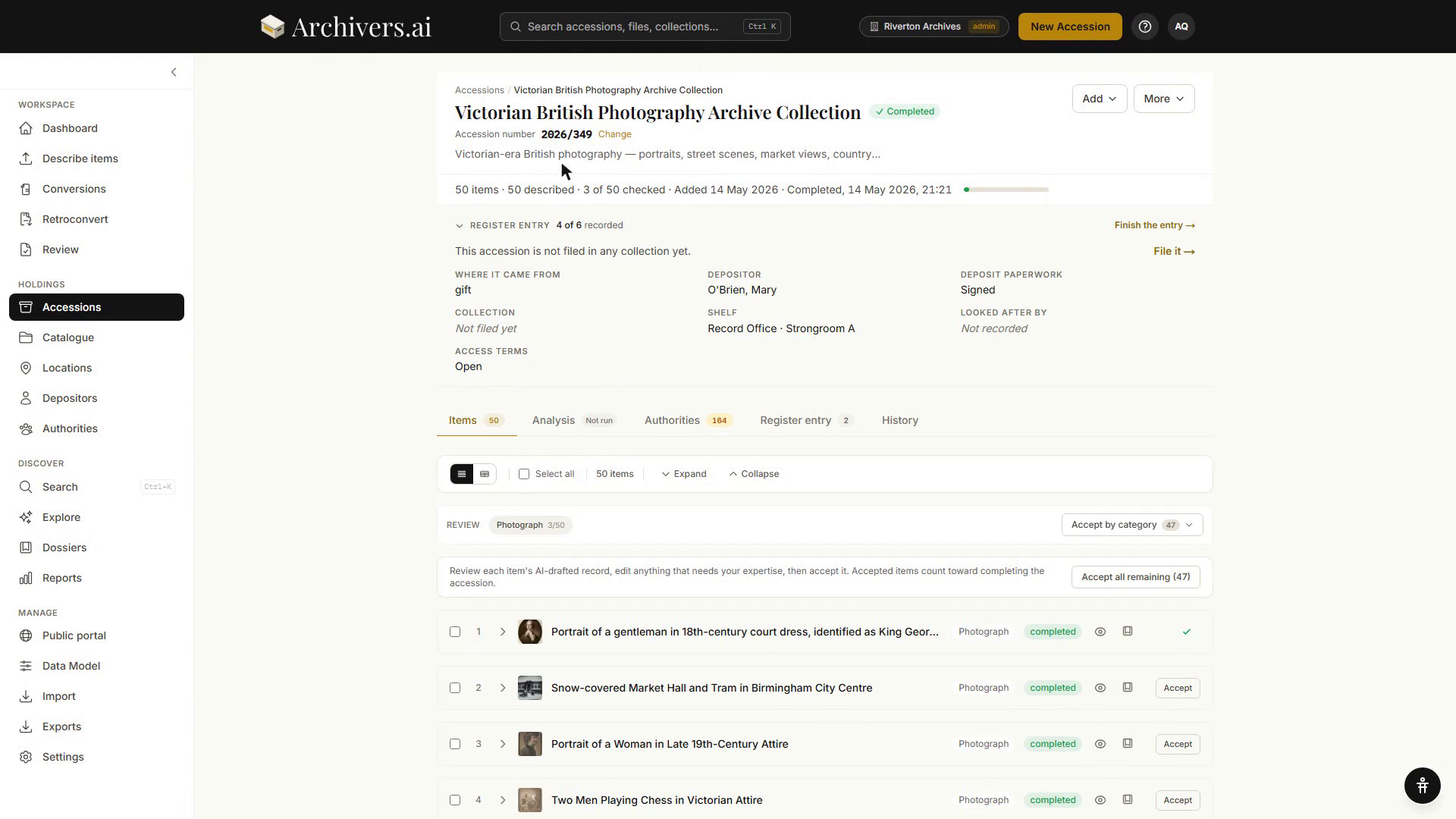 An open accession: title, accession number, status, the register-entry summary of where it came from, and the Items tab listing each described file