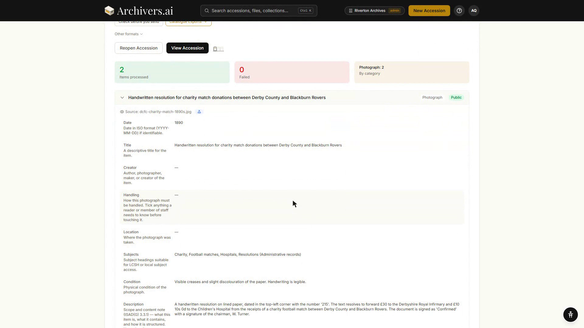 An expanded item showing every field in its schema — date, title, creator, handling, subjects, condition and description — each with the field's guidance note beside the drafted value