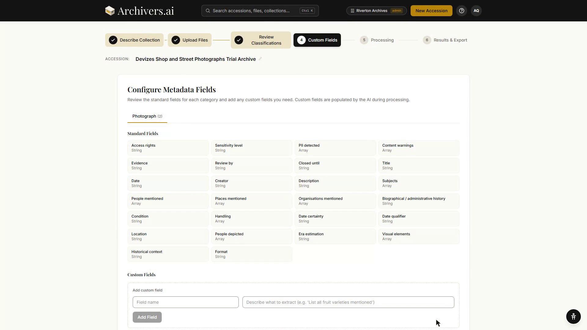 Step 4, Configure Metadata Fields: the standard photograph fields listed as a grid, with an Add custom field box underneath taking a field name and a description of what to extract