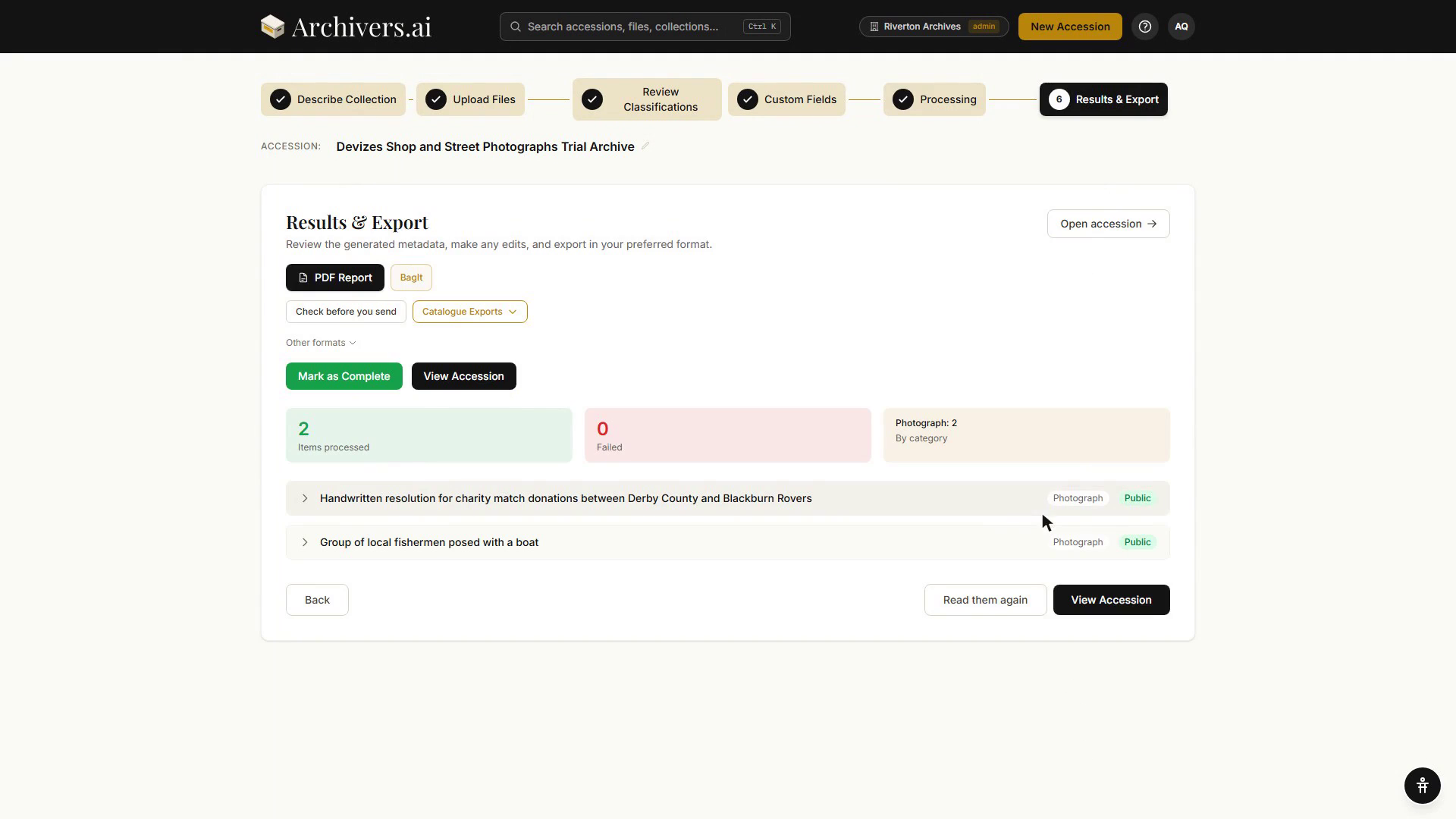 Step 6, Results &amp; Export: items processed and failed counts, the drafted records listed by title, and the export buttons