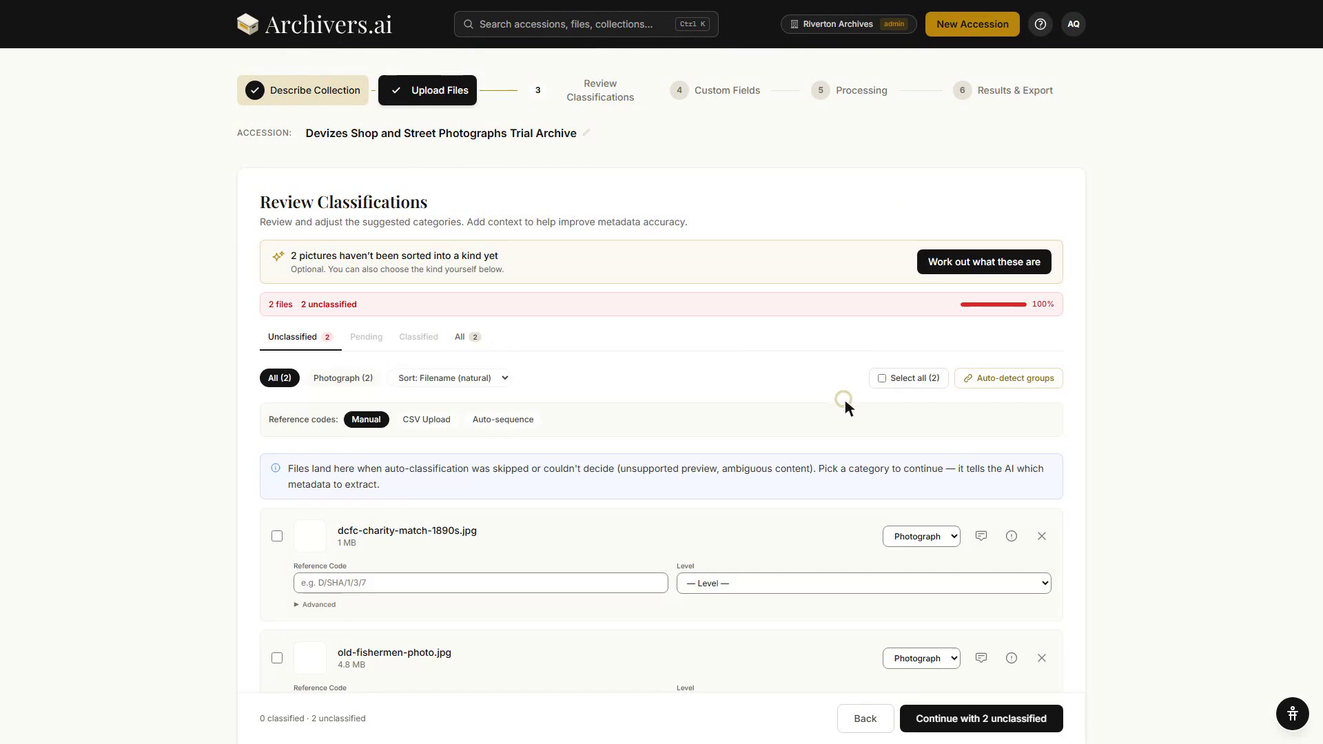 Step 3, Review Classifications: each uploaded file listed with its detected category, a reference-code box, and the tabs for unclassified, pending and classified files
