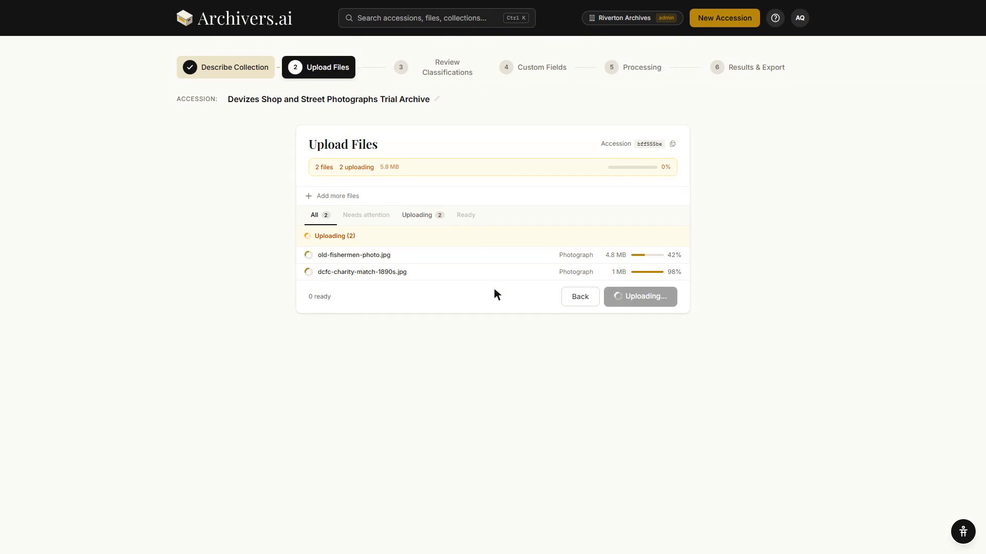 The Upload Files step: a progress strip showing files uploading, with each file's name, detected category, size and percentage complete