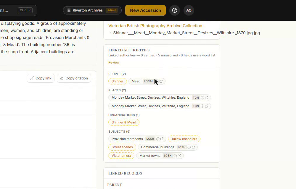 The Linked authorities panel on an item record: people, places, organisations and subjects listed as pills, each tagged with the vocabulary it resolved against — TGN, LCSH, or LOCAL for an in-house authority