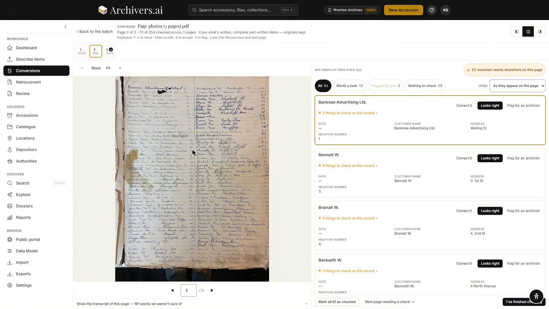 Checking a day book batch: the photographed ledger page on the left, the entries read off it listed as record cards on the right