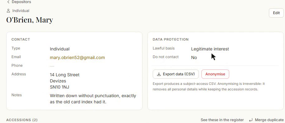 The Data protection panel on a depositor record, showing the lawful basis, the do-not-contact status, and the Export data (CSV) and Anonymise buttons