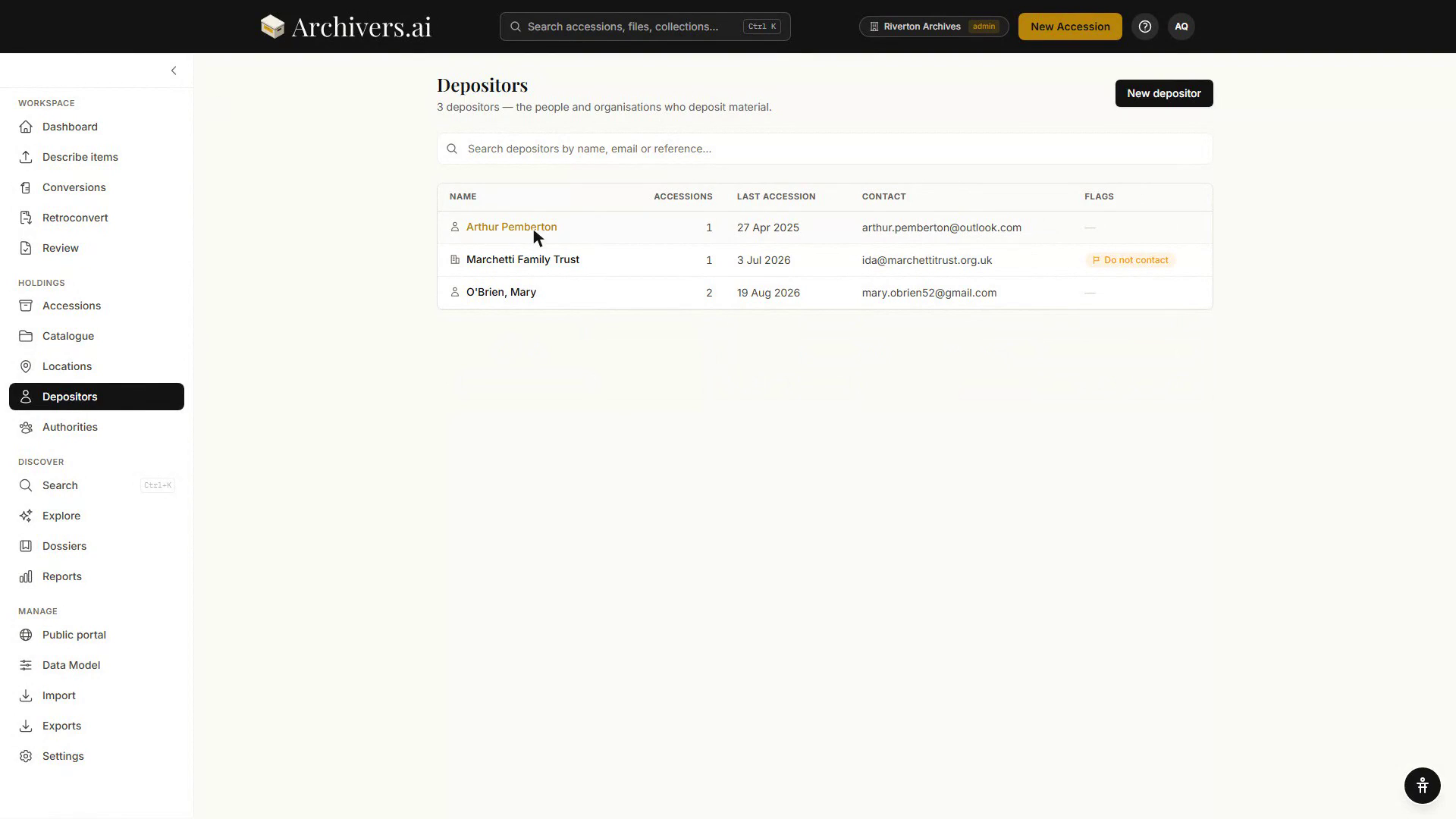 The Depositors directory, listing each depositor with their accession count, last accession date, contact email, and any flags such as Do not contact