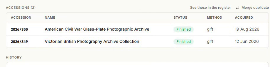 The accessions list on a depositor record, with the Merge duplicate action sitting above it