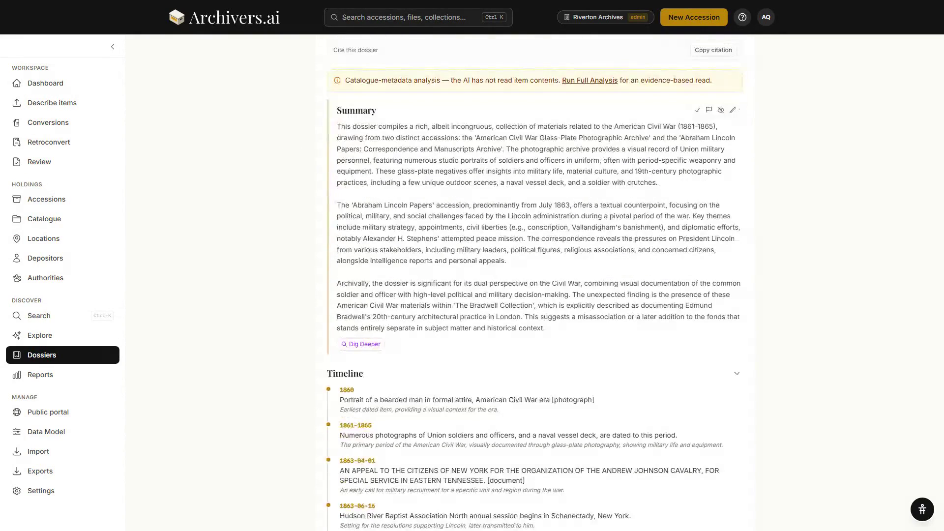 An analysis result: the Summary block with its accept, flag, hide and edit controls, followed by a dated Timeline block