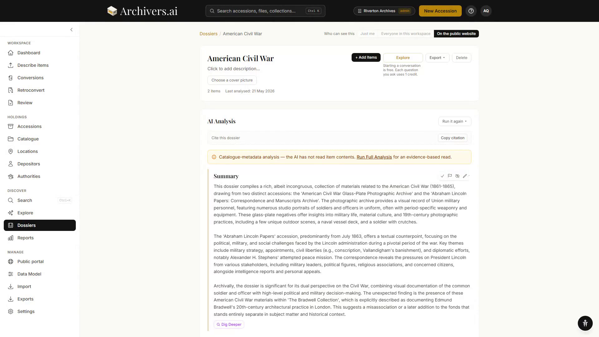A dossier detail page: title, item count, Add Items and Explore controls, and the AI Analysis panel below