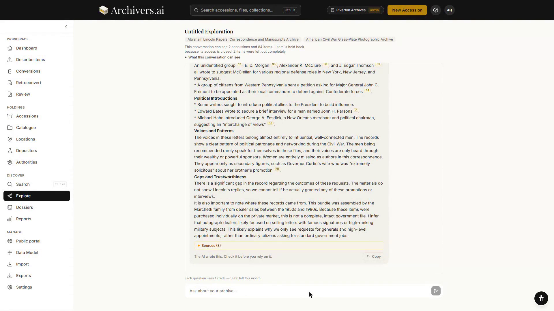 An Explore answer broken into headed sections, with superscript citation numbers after each claim