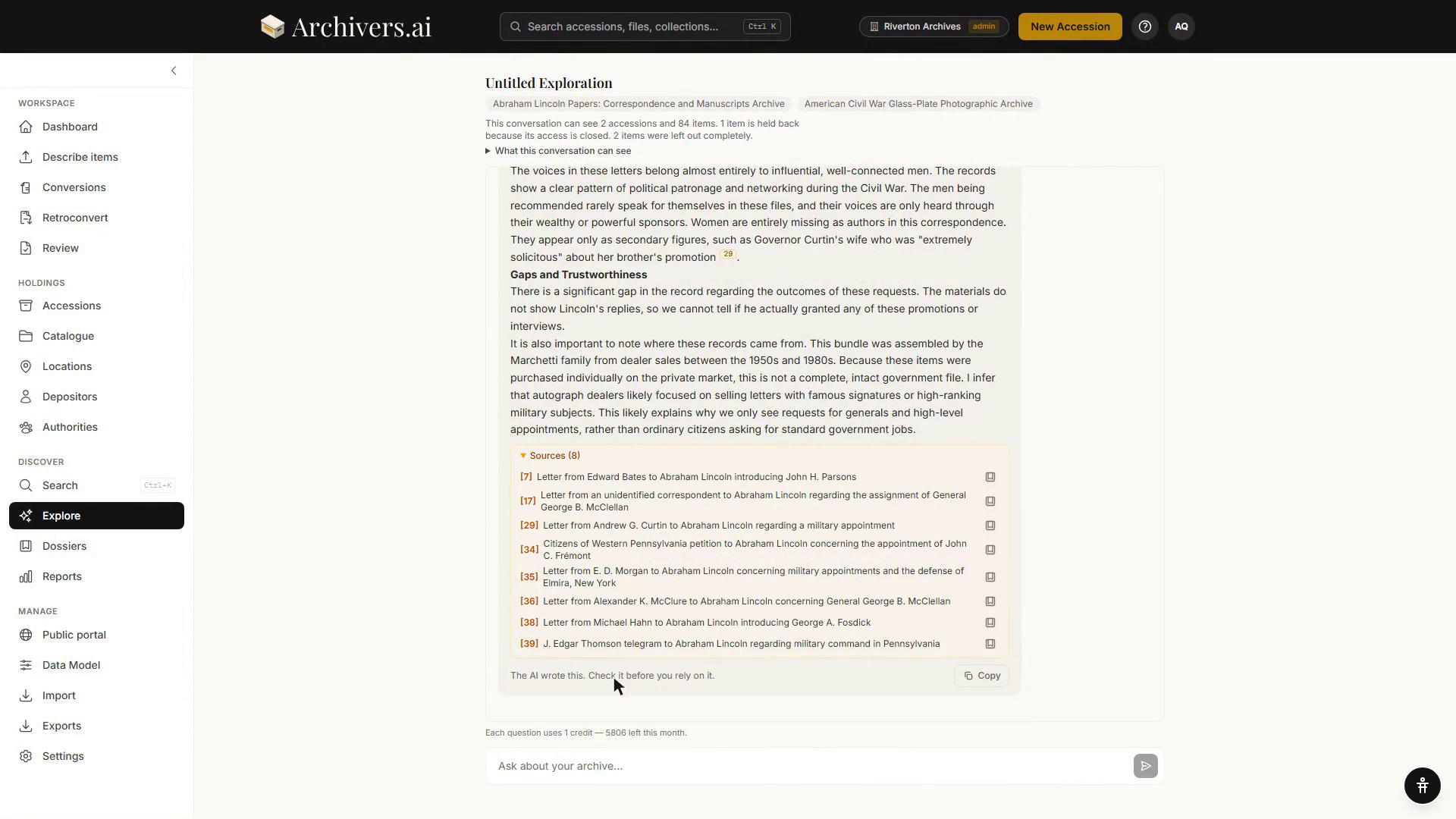 The Sources list under an answer, numbered to match the citations in the text, each row linking to the record it came from