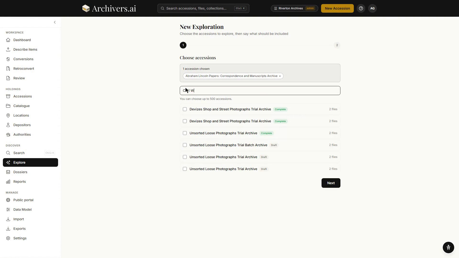Step 1 of the New Exploration wizard: a chosen accession shown as a chip, a search box, and a tickable list of accessions with Complete or Draft badges and file counts
