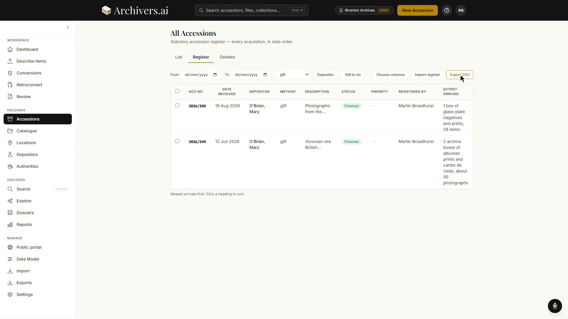 The statutory accession register with the Export CSV button in the toolbar above the table