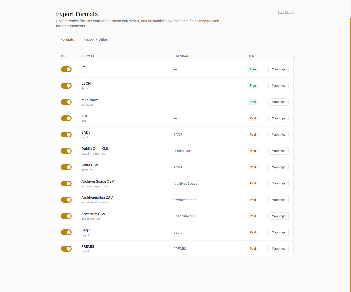 Exports settings