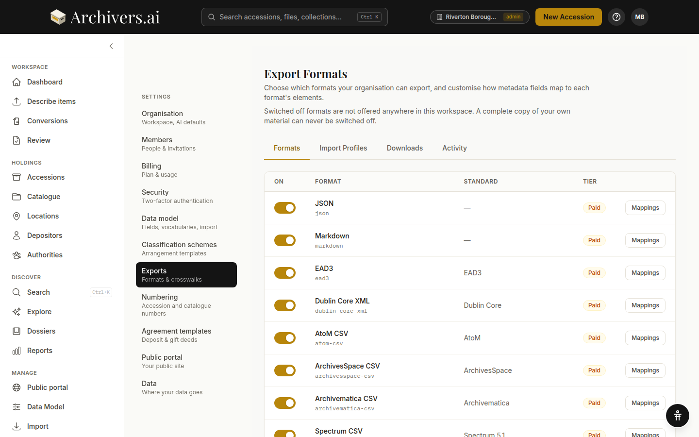 Exports settings