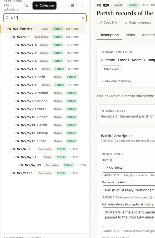 The catalogue tree beside a fond's record, each node labelled with its level — fonds, sub-fonds, series, sub-series — alongside its reference code and item count