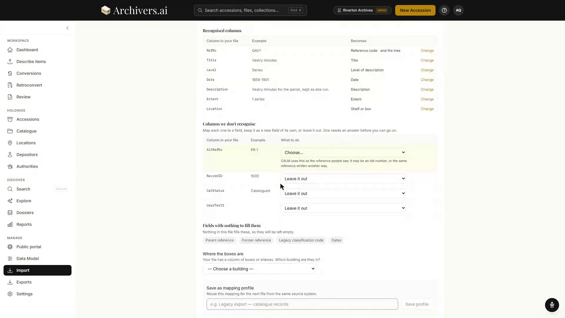 The mapping step of a catalogue import: a table of recognised columns and what each becomes, then the unrecognised columns with a choice of field, new field, or leave it out