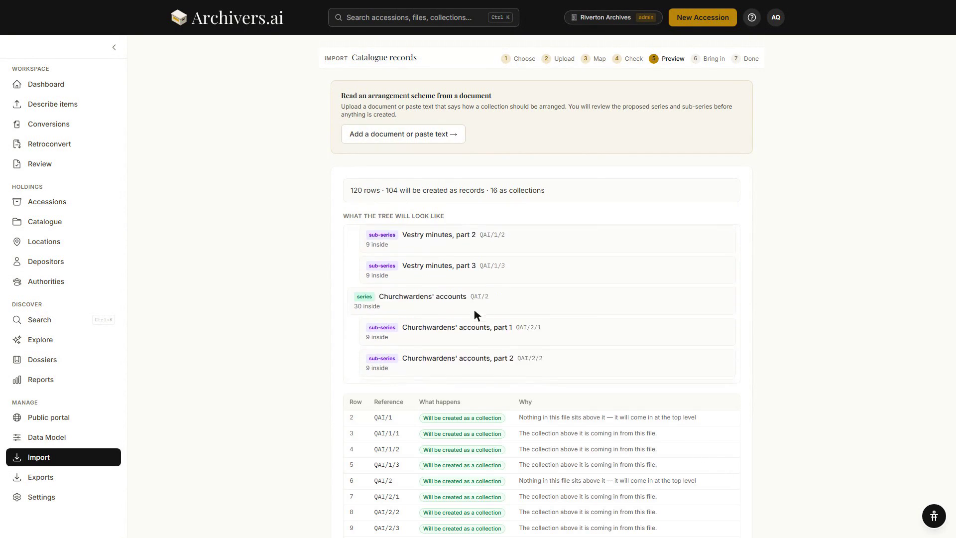 The preview step: the row and record counts, the tree the import will build with its level labels and reference codes, and a row-by-row account of what will happen