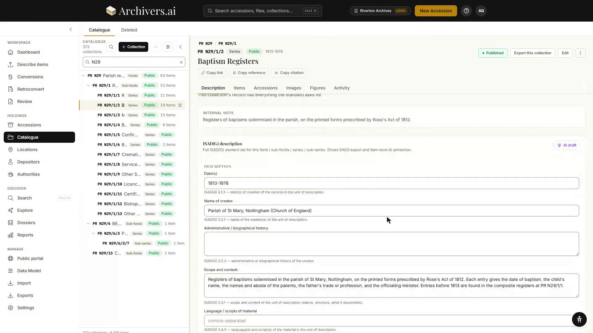 A series record's ISAD(G) description fields, each labelled with its ISAD(G) element number, with the AI draft button at the top right of the panel