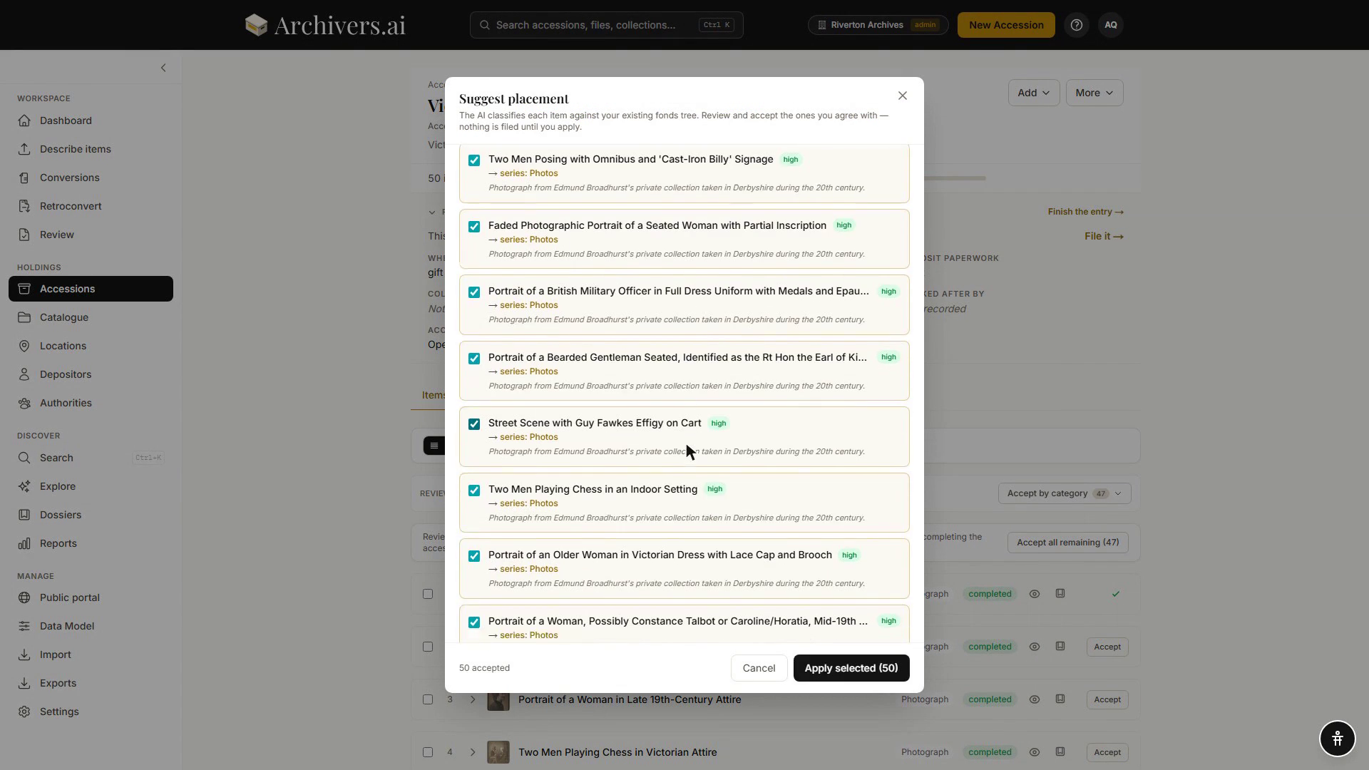 The Suggest placement dialog listing each item with its proposed series and a tick box, and an Apply selected button at the foot