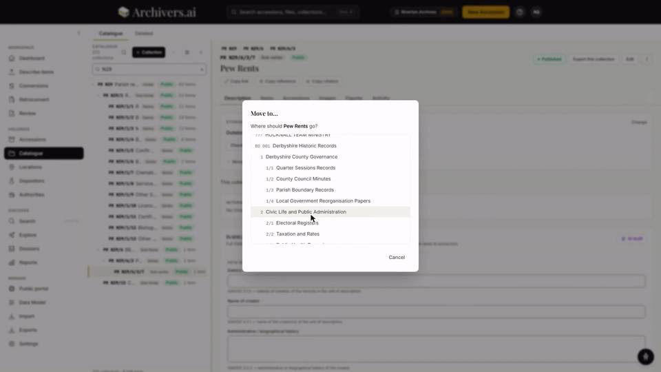 The Move to… dialog listing the whole destination tree by reference code, so a branch can be reparented in one step