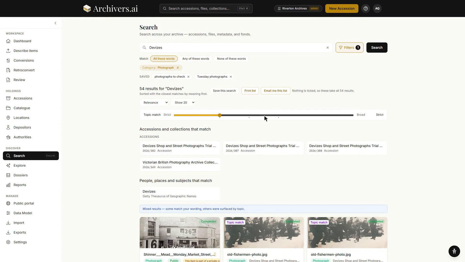 A search across a whole archive: one box returns matching accessions and collections, a Getty place authority, and a grid of photograph records with their dates, storage locations, access conditions and subject pills