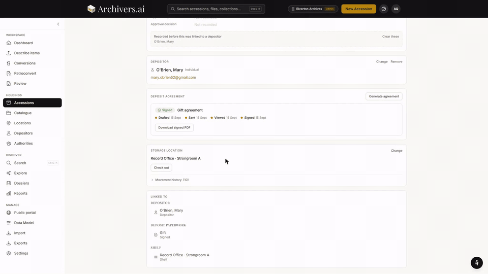 Checking a record out: the Check out dialog with a movement reason, an external destination, and a due-back date, then the Out banner that replaces the home location on the panel