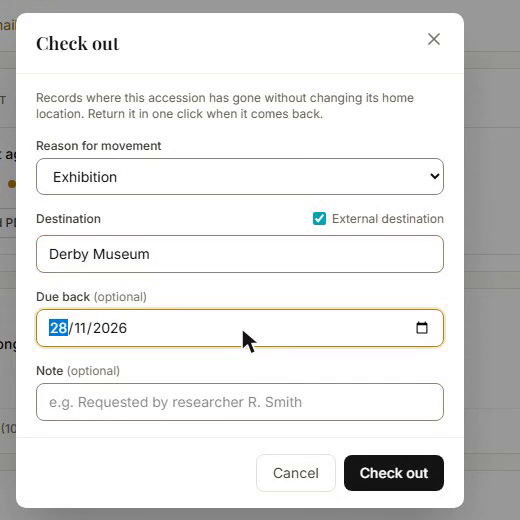 The Check out dialog with the Due back date picker filled in, below the movement reason and destination fields