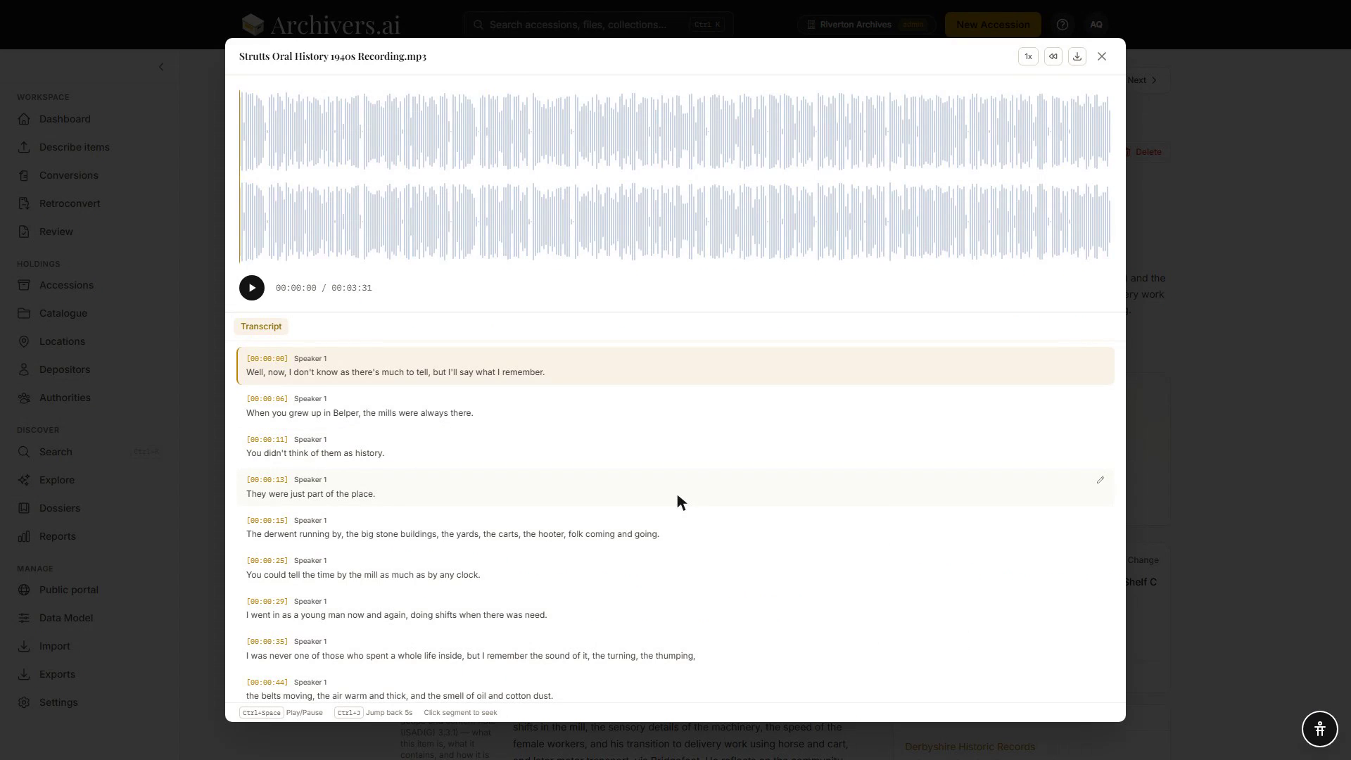 The inline player for an oral history recording: waveform, play button and elapsed/total time, with playback speed, skip-back and download controls top right, and the timestamped transcript beneath — the segment currently playing highlighted