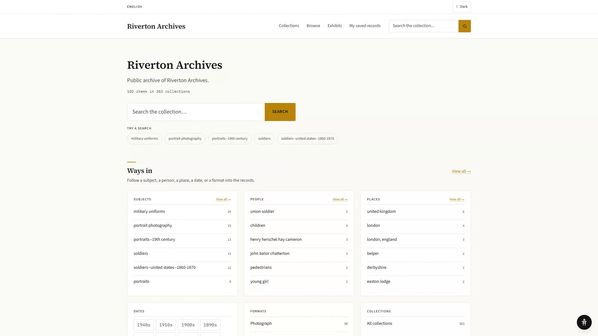 The public portal homepage, showing the archive's title, a search box, and browsable subject, people and place lists