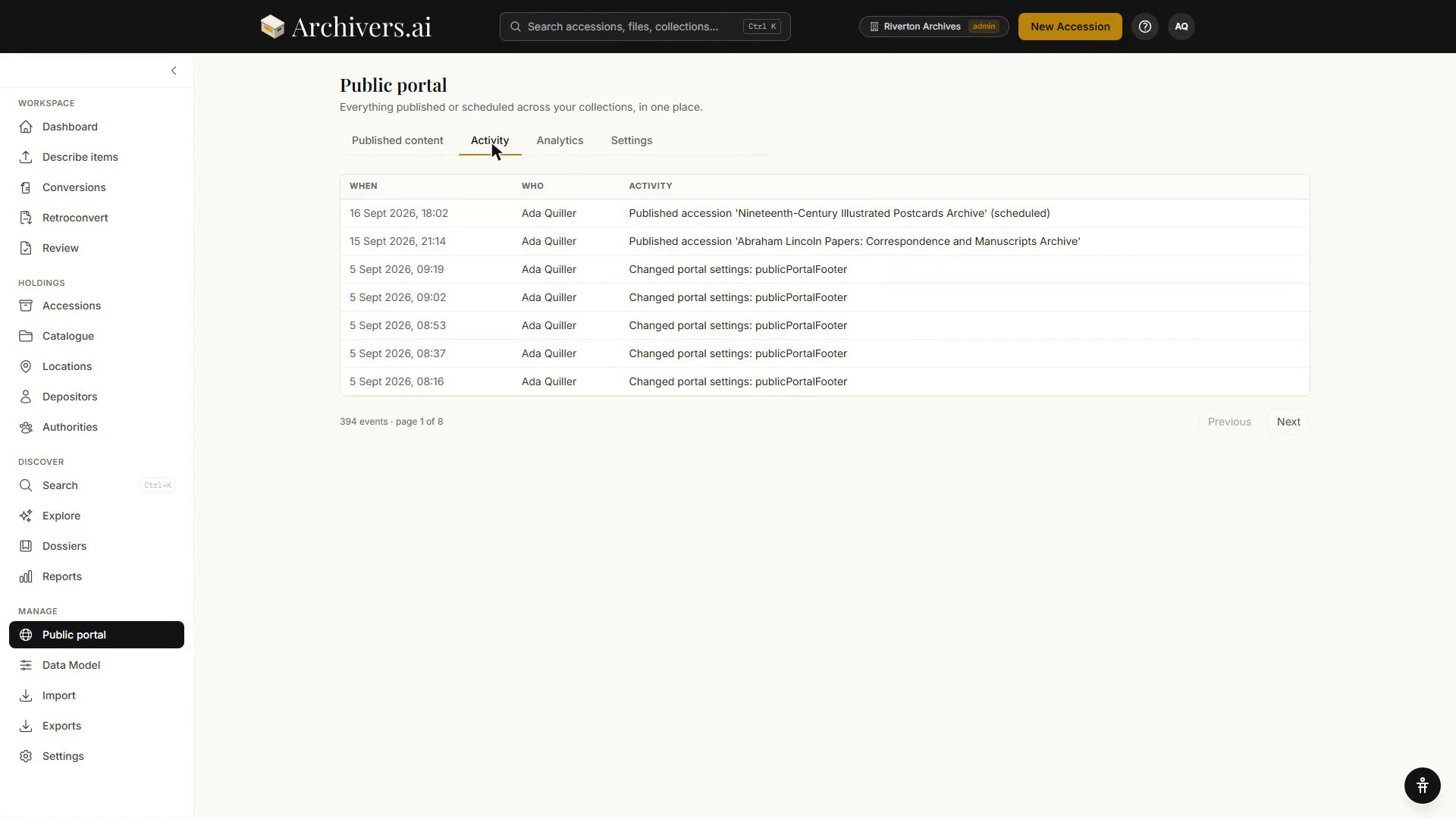 The Public portal hub's Activity tab, listing when, who and what for each publish and settings change