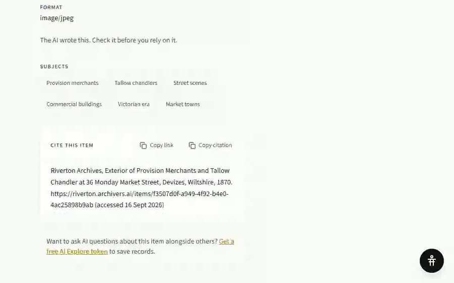 The foot of a public item page, with the Cite this item block and an invitation to get a free AI Explore token to ask questions about the item