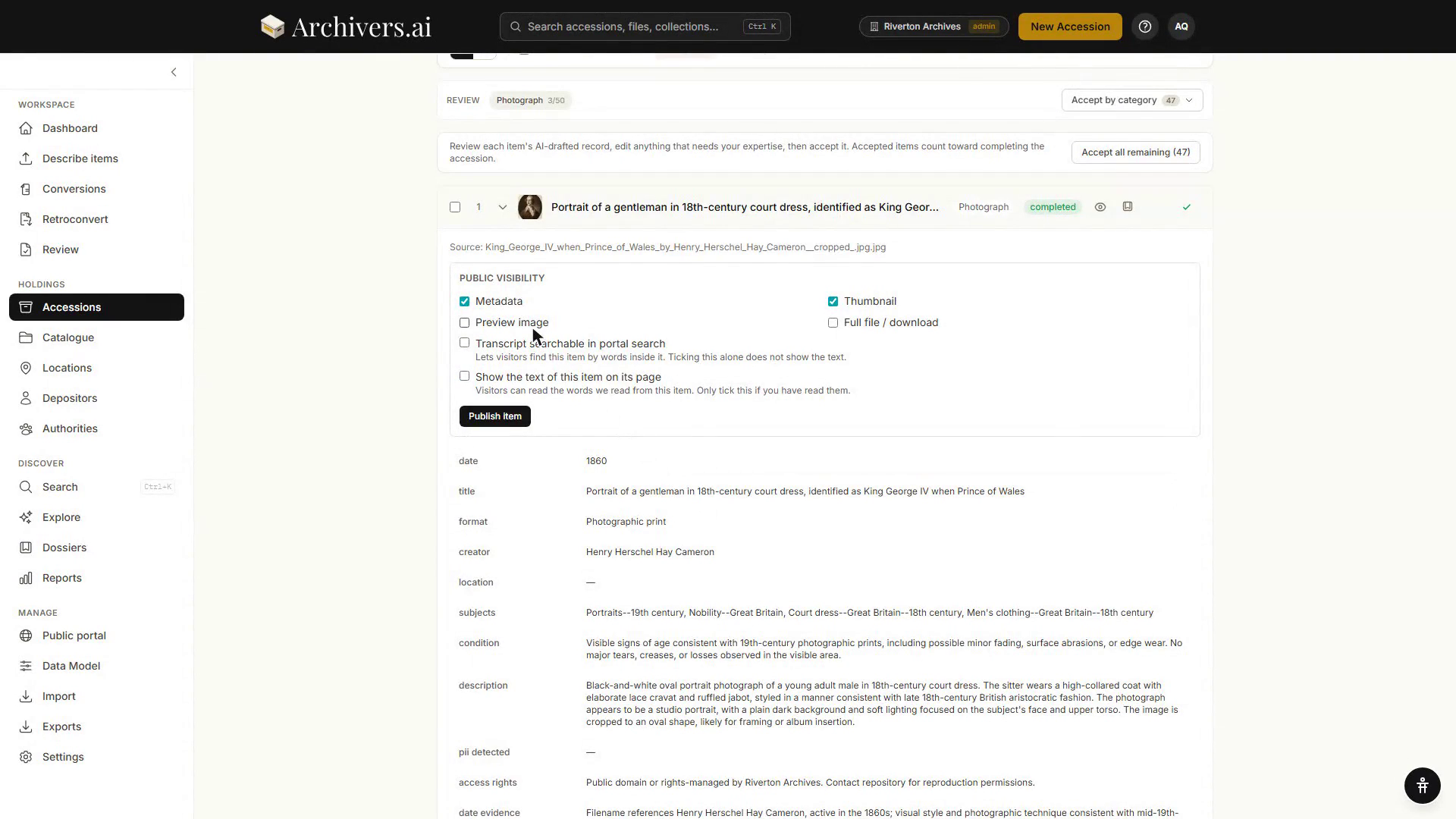 An item's Public visibility panel, with tick boxes for Metadata, Thumbnail, Preview image, Full file / download, transcript searchable in portal search, and showing the text on the item's page