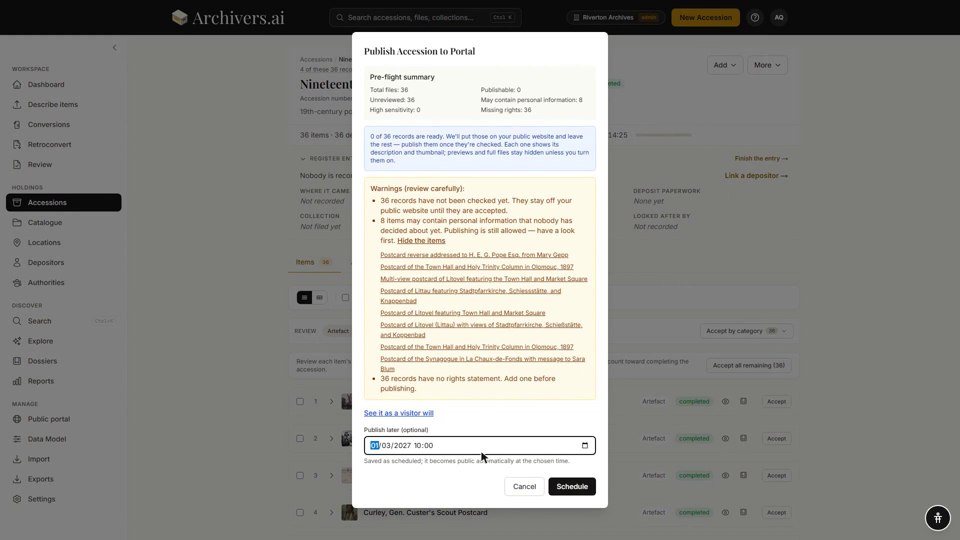The same dialog with a future date and time typed into Publish later, the button now reading Schedule