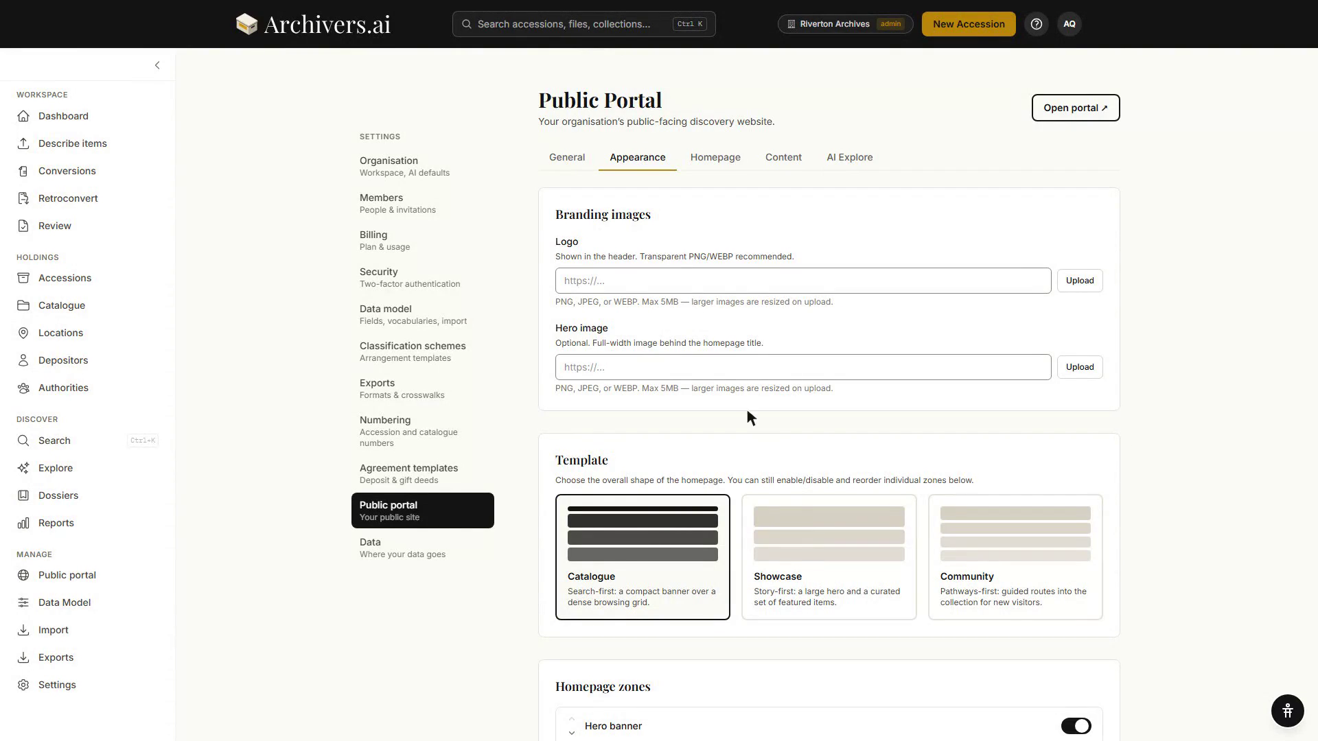 The Appearance tab, showing Logo and Hero image upload fields above the Catalogue, Showcase and Community template cards