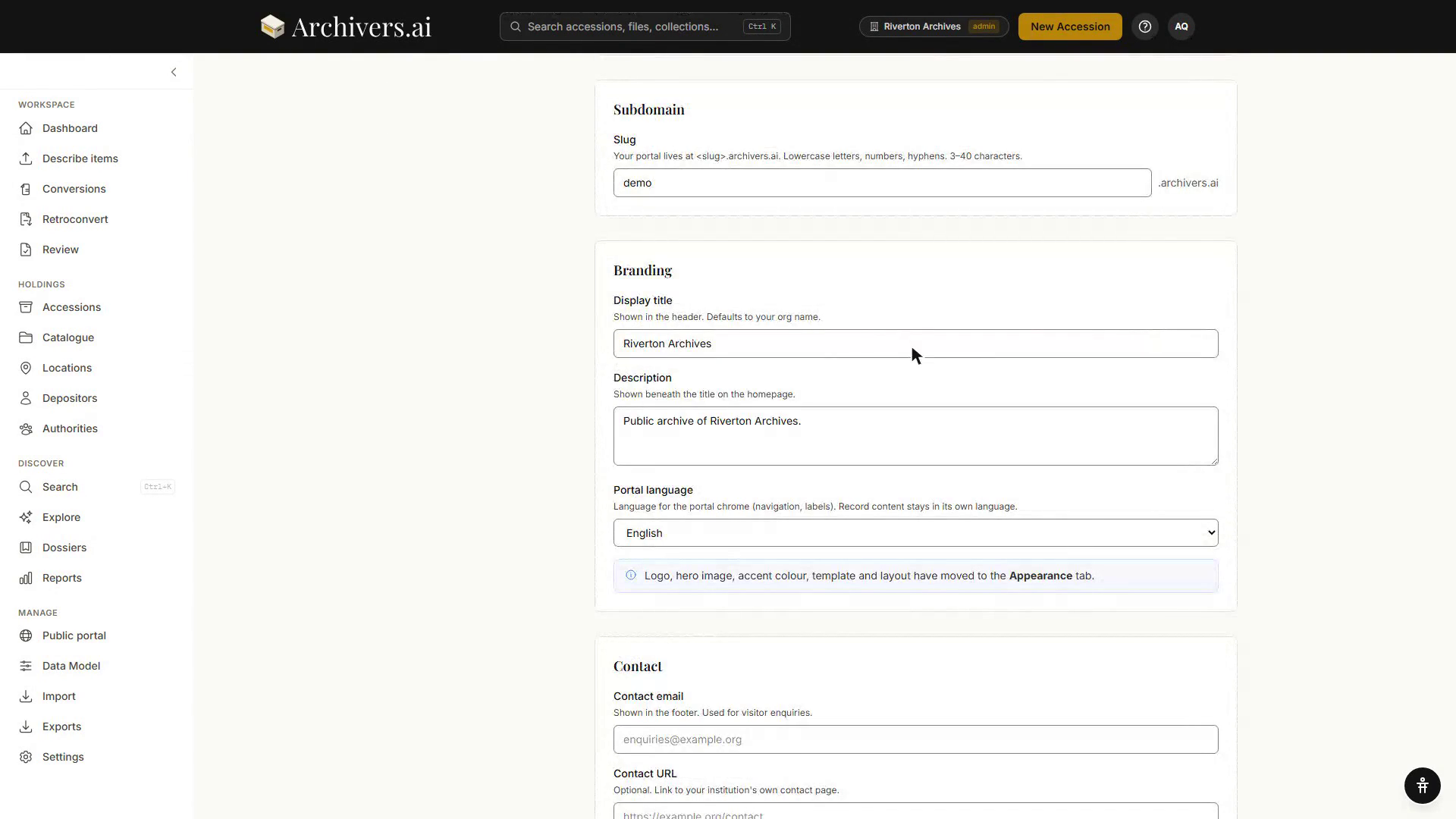 The Branding card on the General tab, with Display title, Description and Portal language fields, and a note that logo, hero image, accent colour, template and layout have moved to the Appearance tab