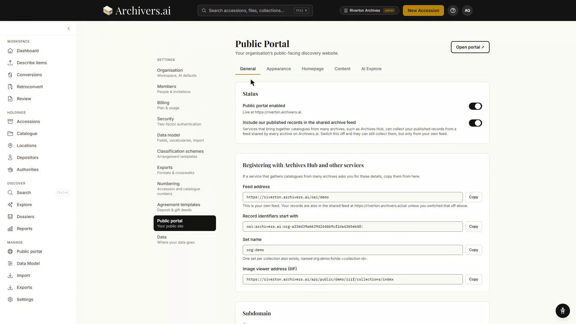 Settings → Public Portal, General tab, with the Public portal enabled toggle switched on and the live portal address shown beneath it