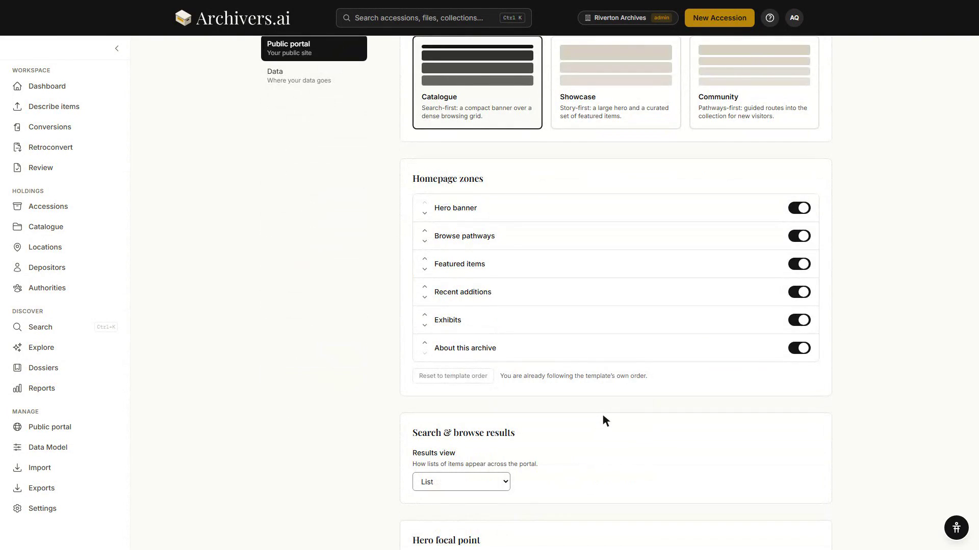 The Homepage zones list — Hero banner, Browse pathways, Featured items, Recent additions, Exhibits and About this archive — each with reorder arrows and an on/off toggle