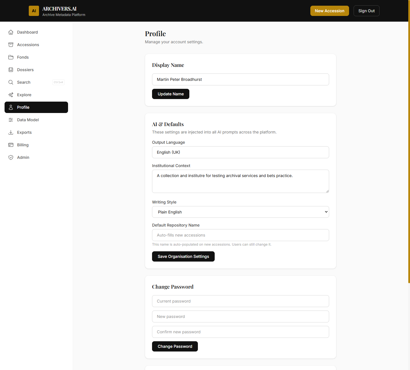 Profile page