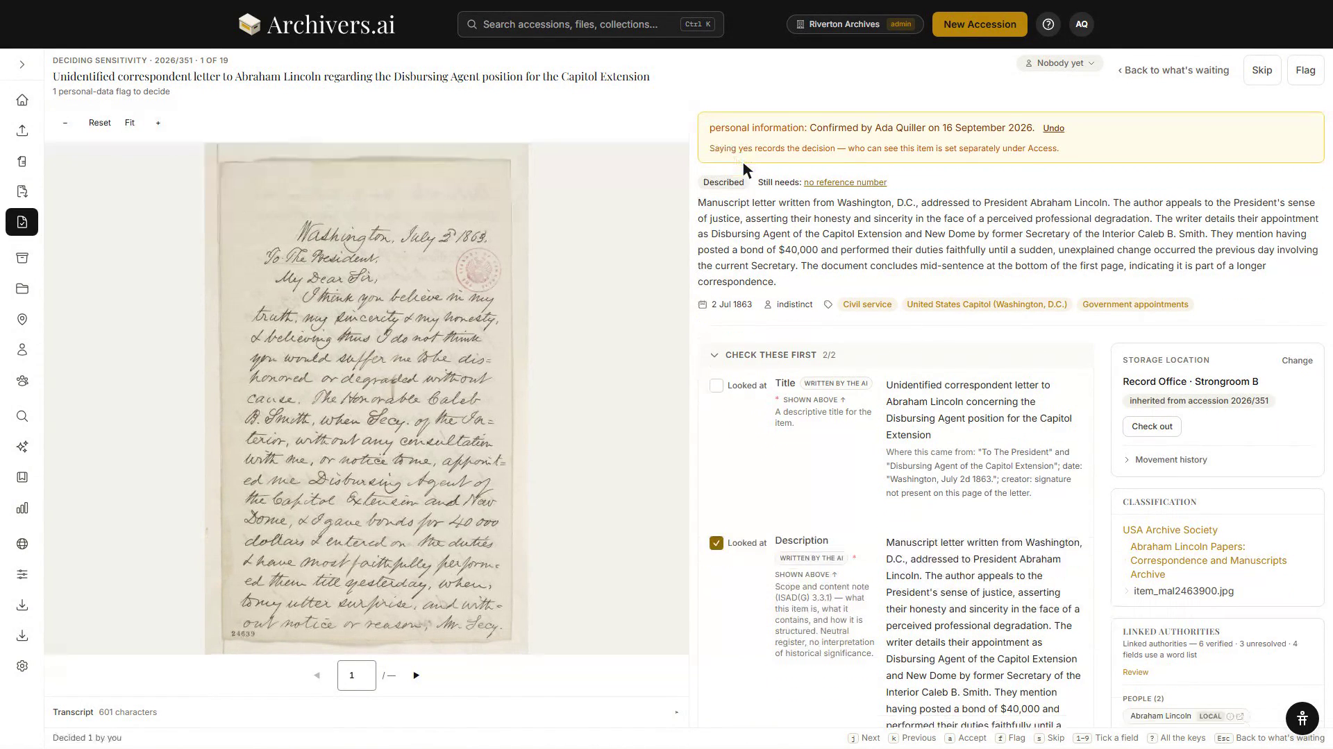 The check screen: the letter's page image on the left with zoom and page controls, and on the right the sensitivity decision, the drafted description, the Check these first fields and the storage, classification and authority panels