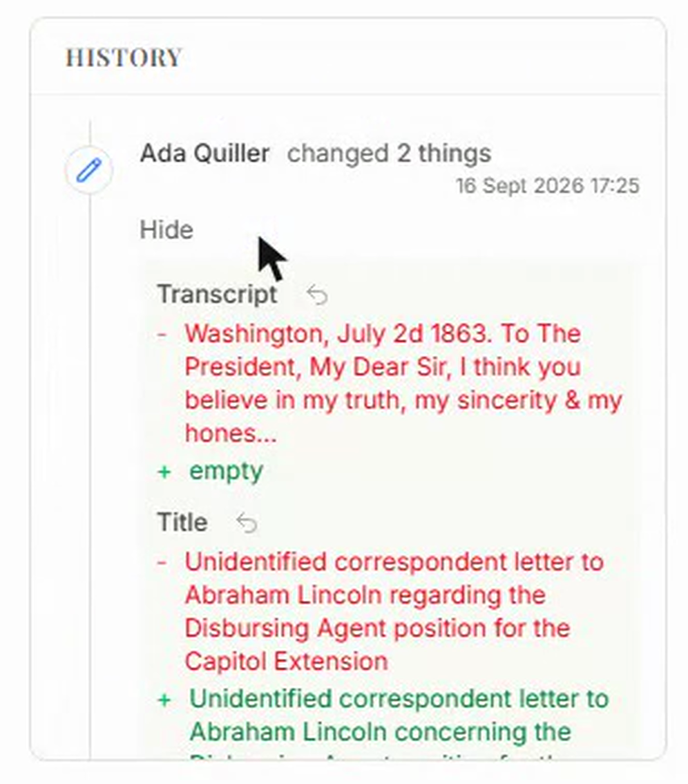The History panel on a record: one entry naming the person, what they changed and when, with each field's old value struck through in red above the new value in green, and a revert arrow beside each field