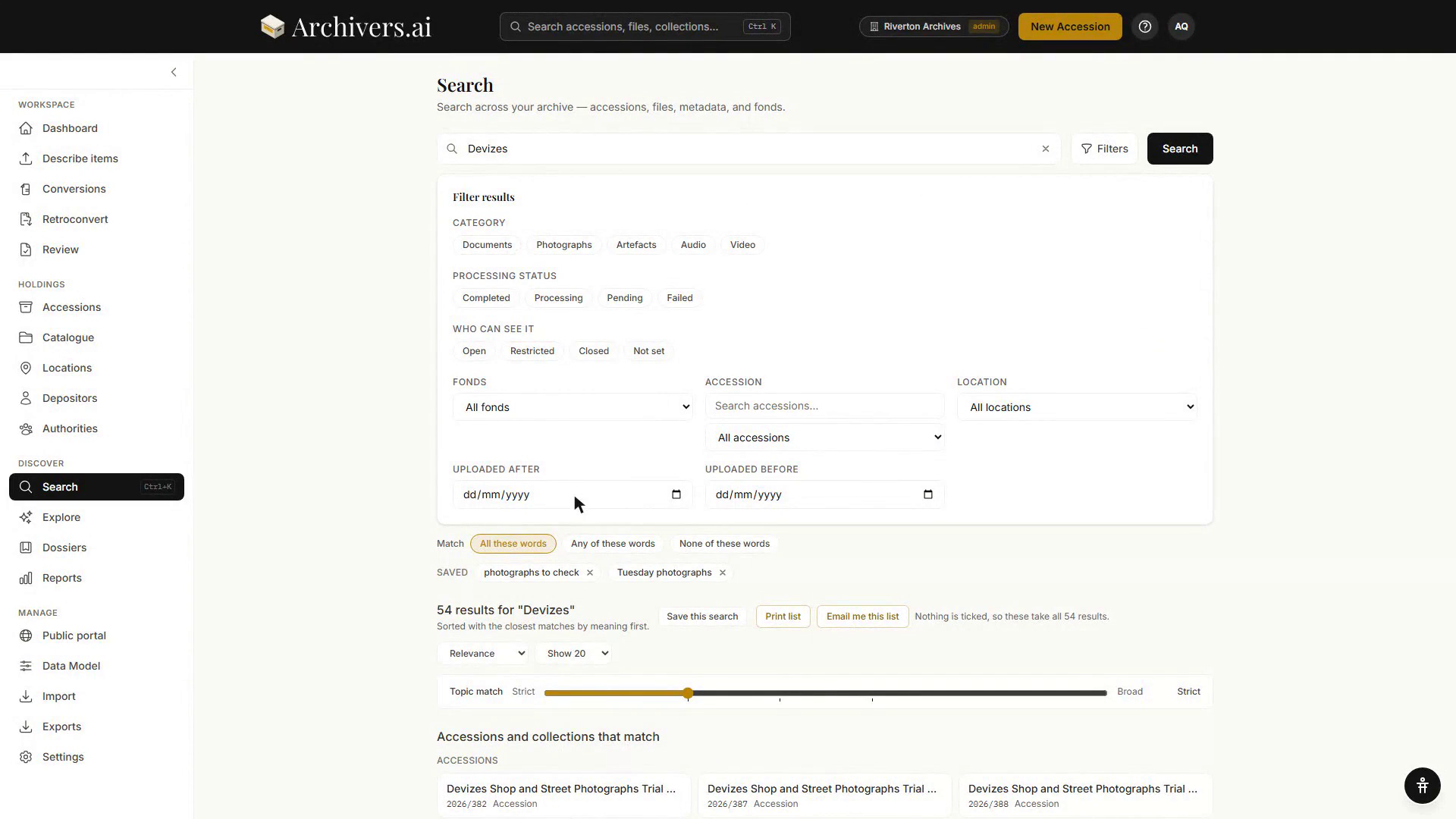 The filter panel open over the results, with Category, Processing status, Who can see it, Fonds, Accession, Location and upload-date controls