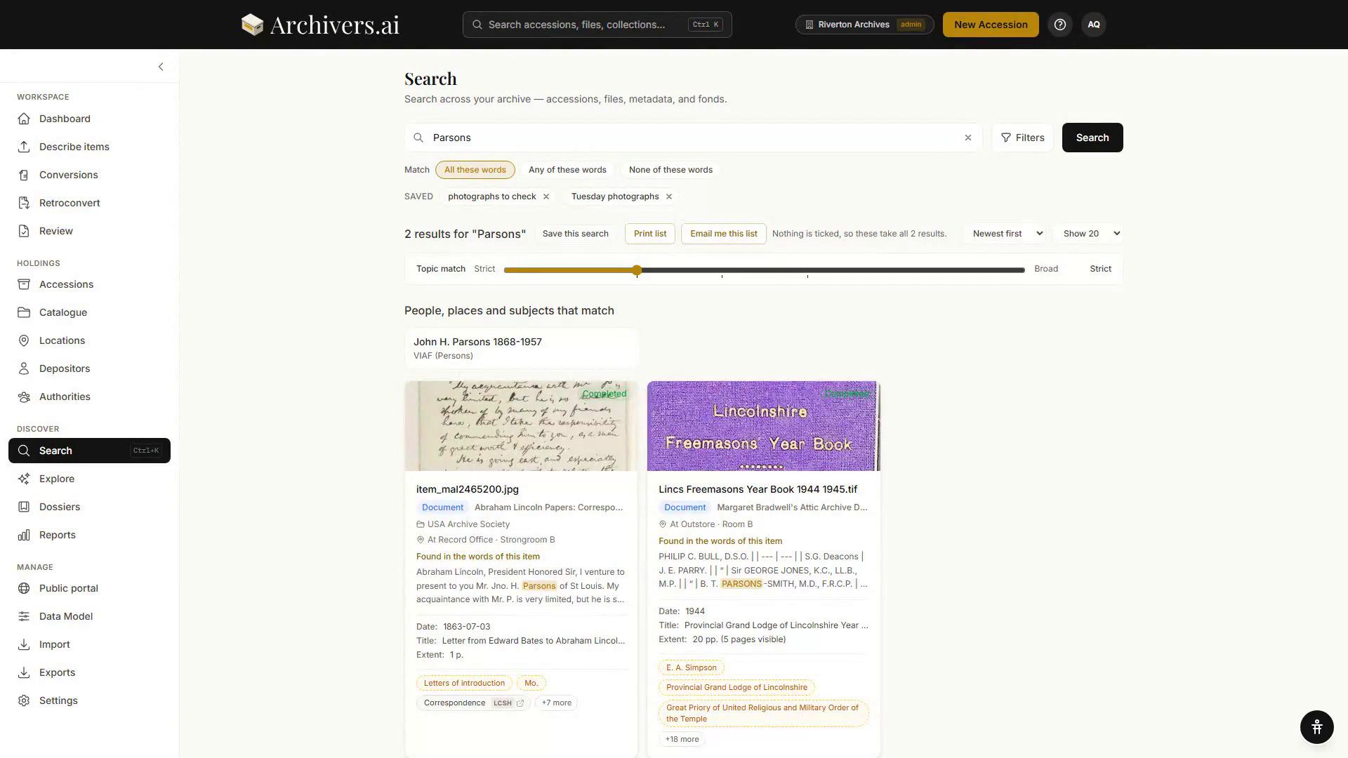 Two result cards showing a "Found in the words of this item" excerpt with the search term highlighted, alongside authority pills carrying LCSH badges