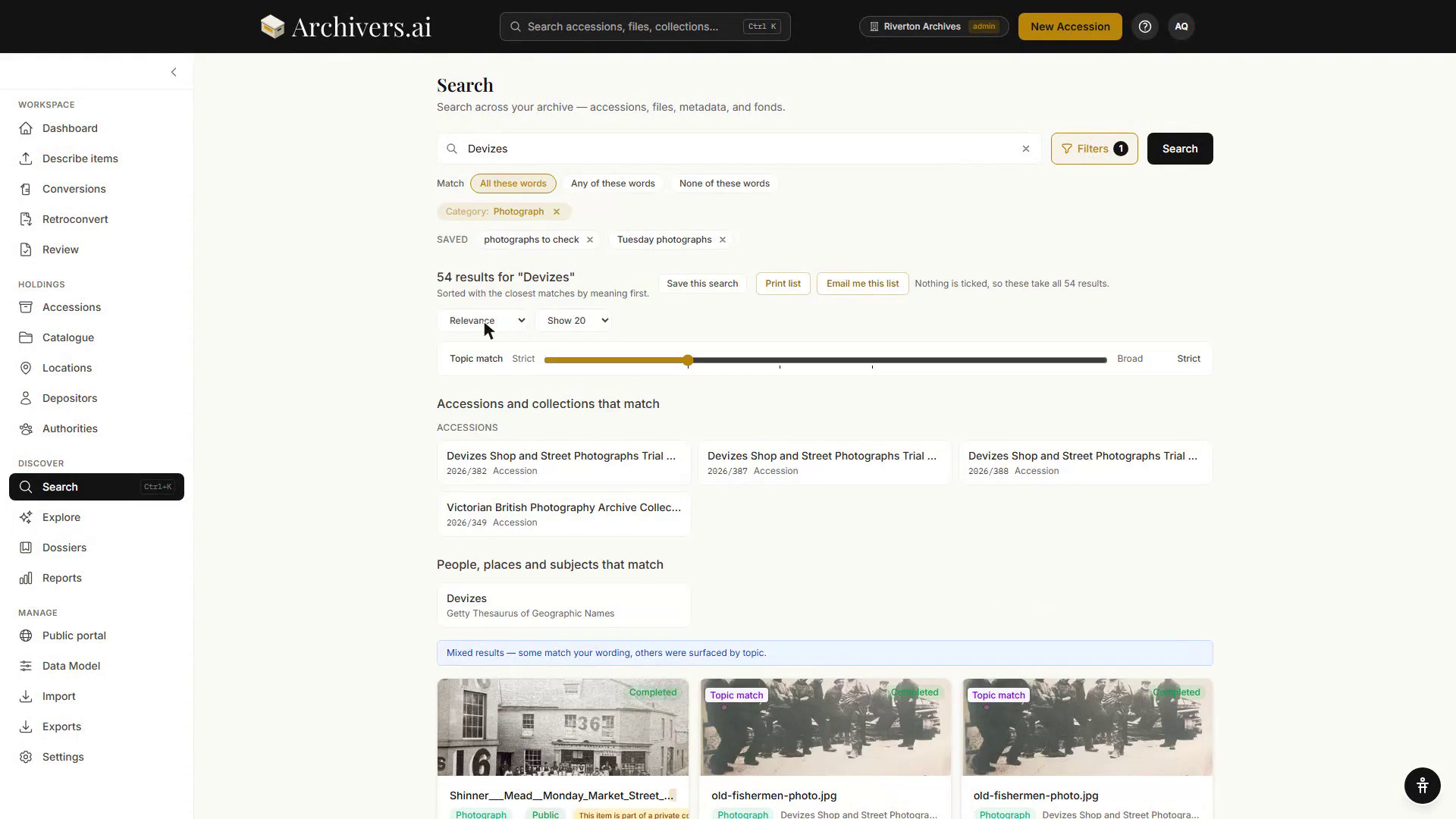 The Search page: the query "Devizes", a Category: Photograph filter chip, saved searches, and 54 results with sort and page-size controls