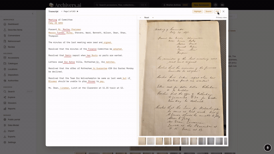 The transcript view of an 1892 minute book: recognised text on the left with uncertain words underlined in red, the photographed page on the right. A word is clicked, retyped and saved, and its uncertainty underline disappears